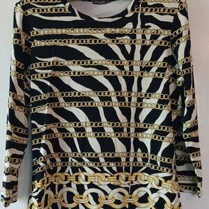 J. McLaughlin 3/4 sleeve zebra print w/gold chain print Black/Cream Size S Blous